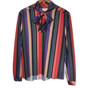 Vintage DEVON Blouse Striped Bow Tie High Neck Long Sleeve 70s Retro Womens M
